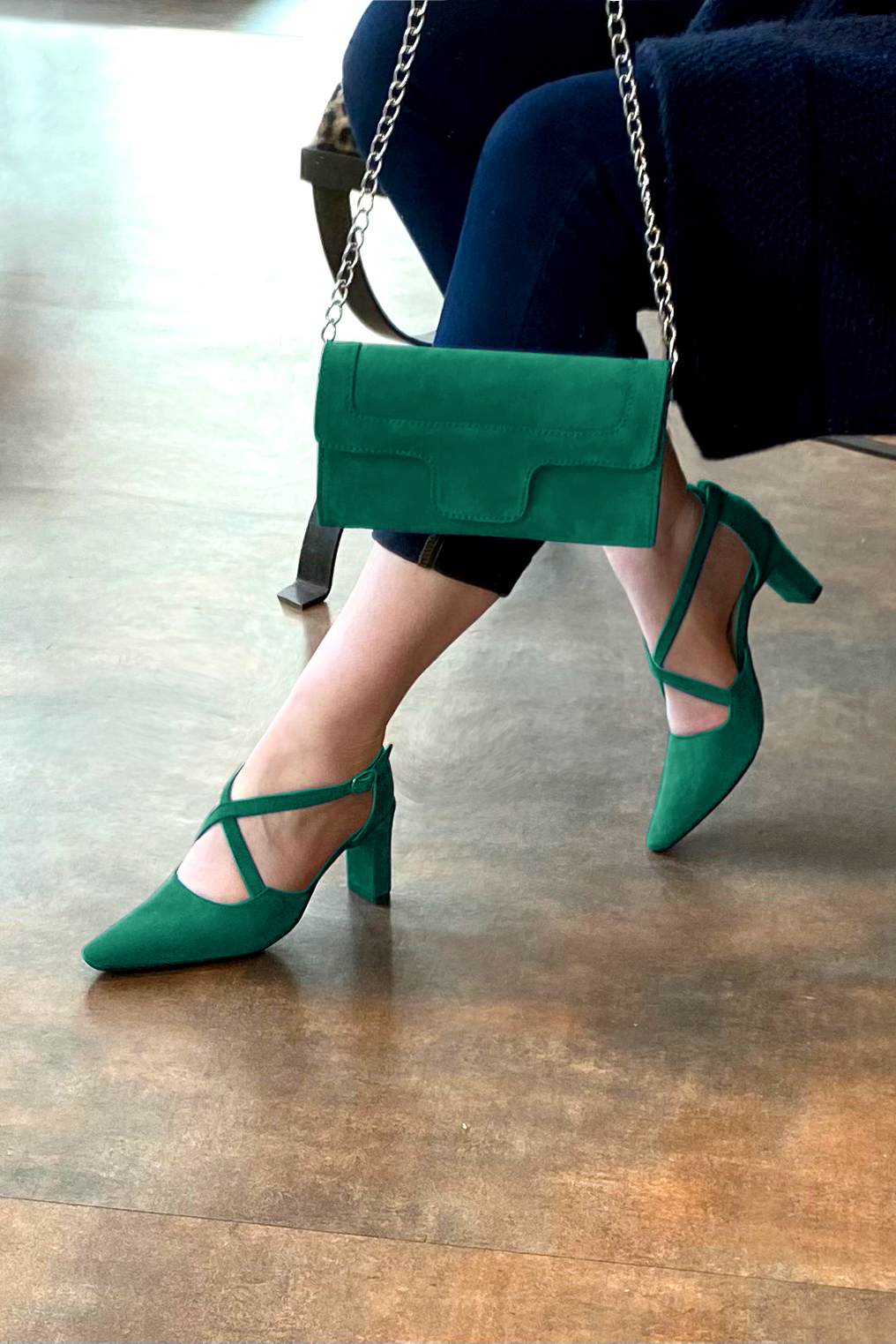 Emerald green women's open side shoes, with crossed straps. Tapered toe. High comma heels. Worn view - Florence KOOIJMAN
